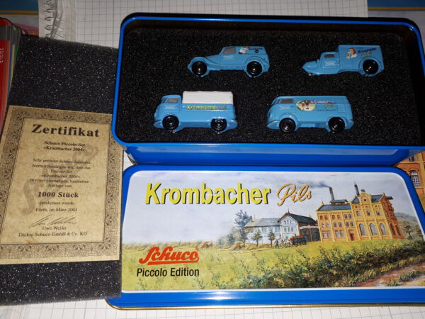 SCHUCO KROMBACHER SET , TEMPO DREIRAD,MB170V, VW T1 PRITSCHE PLANE, VW T1 KASTEN 1:87