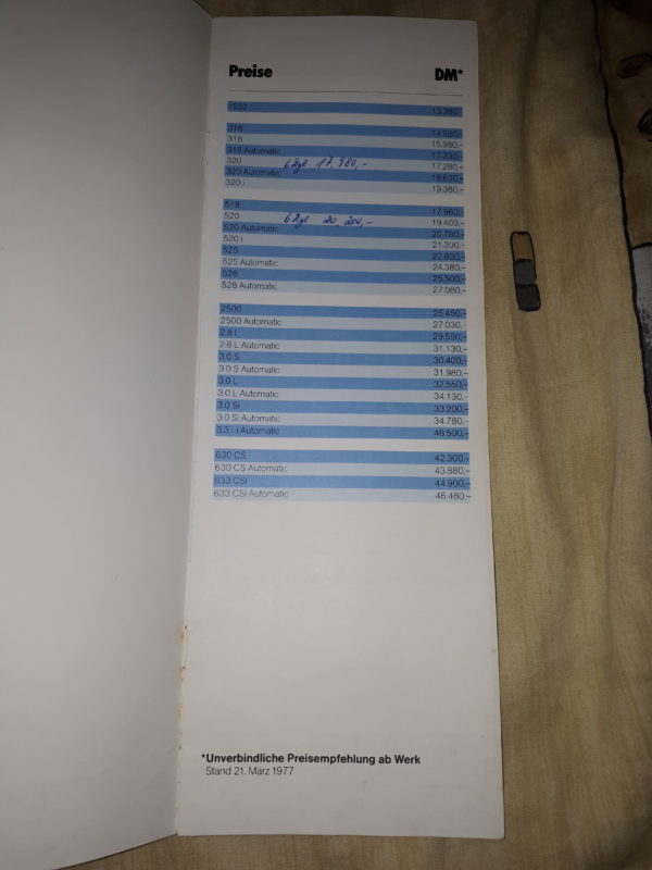 BMW PREISE PKW PROGRAMM 21.MÄRZ 1977