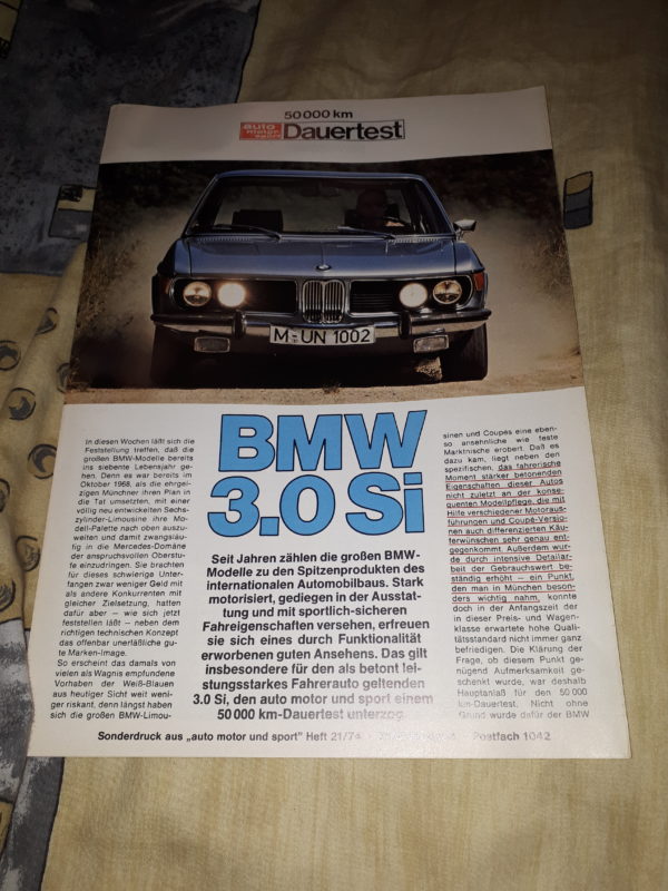 BMW 3.0 Si, 50 000KM AUTO MOTOR SPORT DAUERTEST,SONDERDRUCK HEFT 20/74 PROSPEKTBLATT
