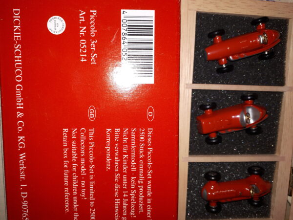 SCHUCO 3er SET 2/2003 GRAND PRIX RACER , MIDGET, MASERATI, 1:90,AUFLAGE 2500ST. HOLZKISTE