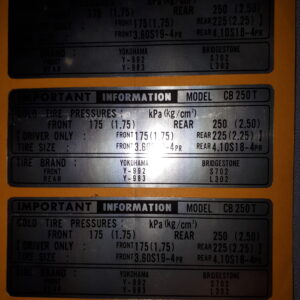 AUFKLEBER CB250T IMPORT INFORMATION FRONT175,REAR 250